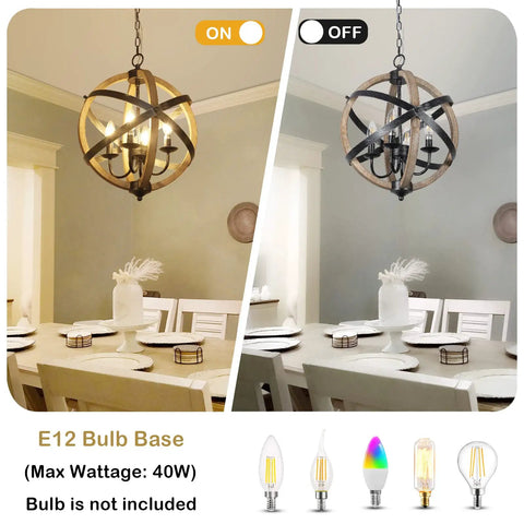 Cozy Rustic Farmhouse 4 Light Chandelier With Height Adjustable Design showing on and off in a dining room setting, wood frame and vintage white finish.