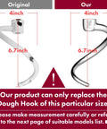 Comparison of original and replacement stainless steel spiral dough hook, both 4 inches width and 6.7 inches height, for KitchenAid mixers.