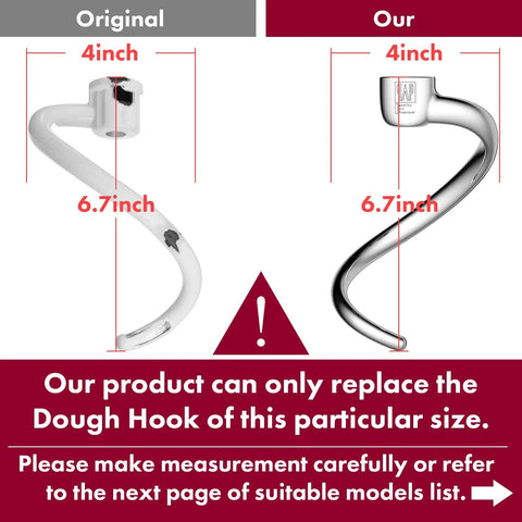 Comparison of original and replacement stainless steel spiral dough hook, both 4 inches width and 6.7 inches height, for KitchenAid mixers.