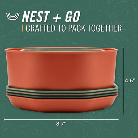 ComplEAT Outdoor Tableware Set For Camping And Hiking, 9-Piece Nestable Polypropylene Dinnerware stacked for compact packing.