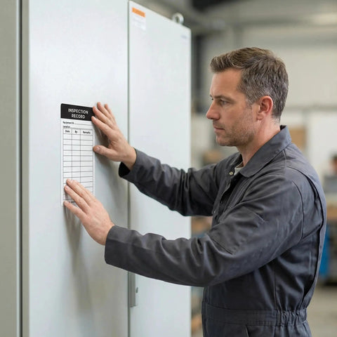 Worker placing 500 Count Black 6x3 Inch Self Adhesive Inspection Stickers For Equipment Maintenance And Warehouse Safety on cabinet door.
