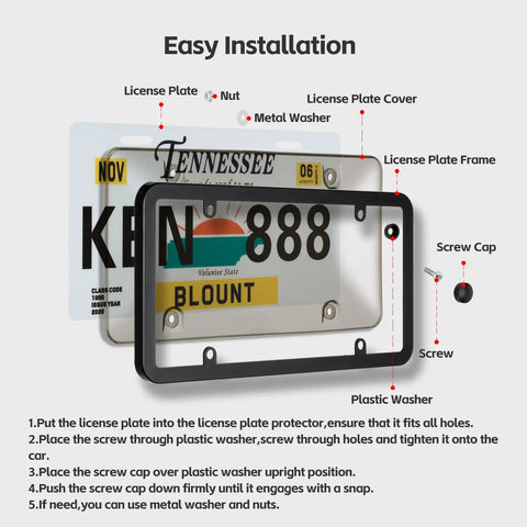 Two Pack Clear License Plate Frame And Protector Set For Front And Rear ABS Car Plate Covers With Screws Caps Fits Any Standard US Plates Weatherproof Anti Theft Compatible installation guide showing components and assembly steps.