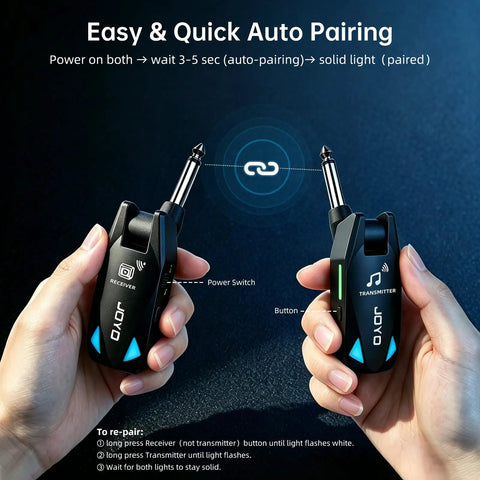 Hands holding the Ultra Clear UHF Wireless Guitar System with 6 channel transmitter and receiver, showcasing auto pairing.