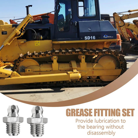 Side view of yellow SD16 crawler excavator with two metal M8 grease fittings; grease fitting set for hydraulic lubrication.