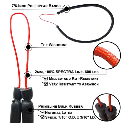 Pole Spear Band For Polespear, 7/16 Inch Outer Diameter, 3/16 Inch Inner Diameter, 24 Inch Length, 100 Percent Natural Latex Rubber, Pro Grade Replacement Band For Durable Spearfishing Gear details with red cord and black tubing.