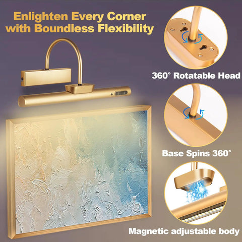 Cordless Picture Light With Dimmable Brightness And Timer, Controller Included, Rechargeable 5000mAh Battery, Gold Wall Sconce features 360° rotatable head and base, illuminating framed art.