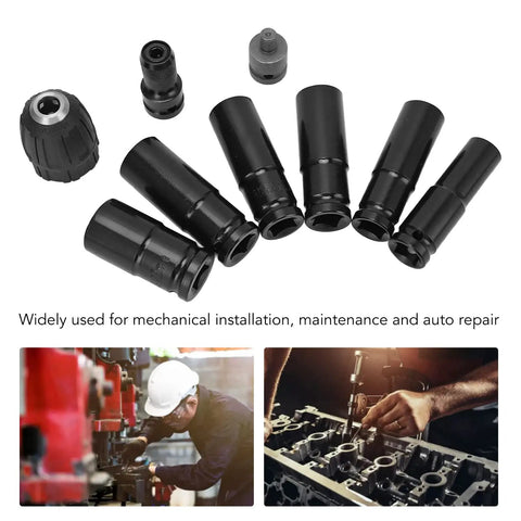 Rock Solid 9-Pcs 1/2in Impact Socket Set For Auto Repair Made From Tough High Carbon Steel With Sleek Black Coating, shown with sockets and adapters