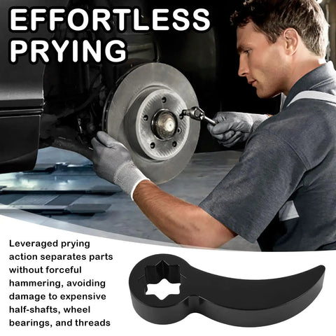 Mechanic using Pro Grade Multi Angle Ratchet Pry Bar Adapter Set With One Half Inch And Three Eighth Inch Drives on wheel axle.