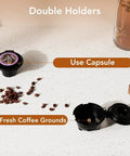 Coffee maker capsule holder and coffee grounds holder with beans on countertop, showing versatility for K-Cups and ground coffee use.