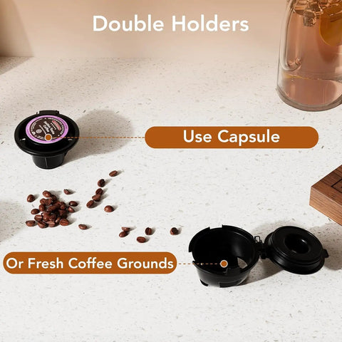 Coffee maker capsule holder and coffee grounds holder with beans on countertop, showing versatility for K-Cups and ground coffee use.