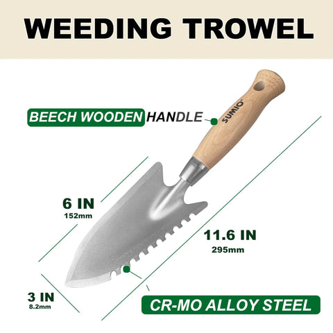 11.6 Inch Weeding Trowel With Serrated Edge Alloy Steel Blade Garden Shovel showing blade and beech wooden handle measurements.