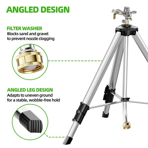 Heavy Duty Brass Impact Tripod Sprinkler With Pulsating Water And Telescoping Legs Delivers 360 Degree Coverage Up To 70 Feet Reaching 5660 Square Feet Perfect For Yard Lawn Garden Irrigation 16 26 Or 36 Inch Heights with angled design and filter washer in close-up view.