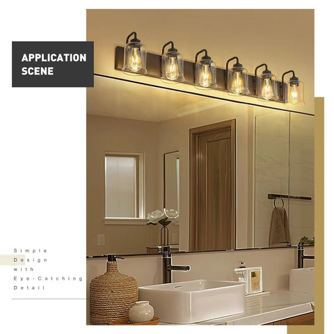 Installed 44 Inch Farmhouse Vanity Light Fixture with 6 Lights and Clear Glass Shades in Oil Rubbed Bronze Finish in modern bathroom