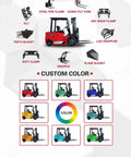 No Hassle Heavy Duty Electric Forklift And Rechargeable Battery Pallet Stacker shown in red with various attachments and custom colors.