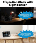 Projection Alarm Clock With Weather Station And Ceiling Projector For Bedroom Readouts Of Indoor Outdoor Temperature And Humidity Plus Auto Dim Backlight And WWVB Atomic Time Display on table showing light sensor functionality.