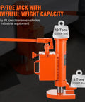Heavy Duty Hydraulic Toe Jack 10 Ton Lift Capacity Rock Solid Machine Jack with 360 Swivel Body in orange color.