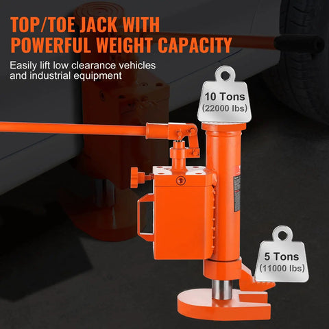 Heavy Duty Hydraulic Toe Jack 10 Ton Lift Capacity Rock Solid Machine Jack with 360 Swivel Body in orange color.