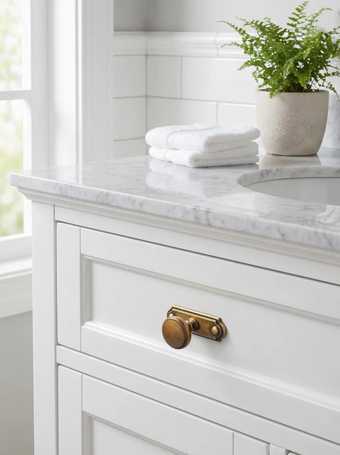 Killer Style Beaded Zinc Alloy Cabinet Knobs With Backplate Antique Brass 6 Pack on white cabinet with marble top.