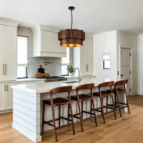 XSDeTu Farmhouse Metal Pendant Light, 2‑Tier Chandeliers for Dining Room hanging in a modern kitchen over a white island.