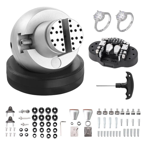 Ball Vise Engraving Kit With 5 Inch Clamp Pro Grade 360 Degree Swivel Block Vise 69 Piece Attachment Set visible in chrome steel.
