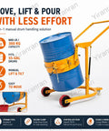 Heavy Duty Drum Lifter Cart Cranks Up To 660 Lbs And Tilts For Easy Pouring Of Steel Or Plastic Barrels With Safe One Man Lift Action At The Factory, showcasing 55-gallon drum and secure clamp.