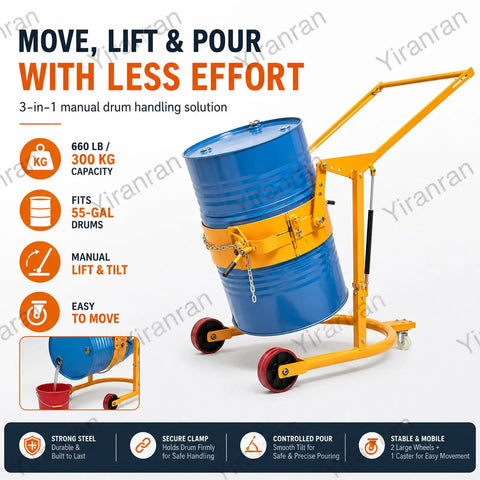 Heavy Duty Drum Lifter Cart Cranks Up To 660 Lbs And Tilts For Easy Pouring Of Steel Or Plastic Barrels With Safe One Man Lift Action At The Factory, showcasing 55-gallon drum and secure clamp.