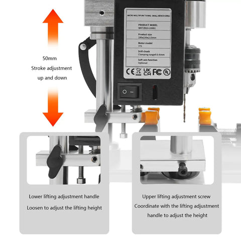 Image showing adjustment features of Mini Drill Press For Jewelry Making And PCB Projects Dope Precision Benchtop Drilling Machine