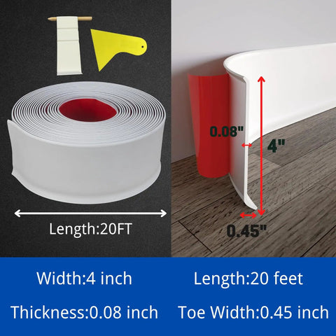 Self Adhesive Vinyl Wall Base Molding Trim 4 Inch Wide 20 Feet Long White Cove Base Peel And Stick Rubber Style 0.08 Inch Thick