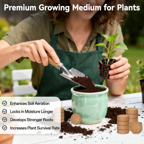 Woman potting plant with 100 Pack 30mm Organic Coco Coir Seed Starter Pellets for Indoor and Outdoor Gardening