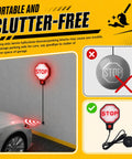 Precision LED Garage Parking Sensor With Adjustable Range And Bright Red Yellow Green Light Feedback For Dead Simple Car Stop And No Sweat Parking In Tight Spots showing wall-mounted STOP sign with car proximity.