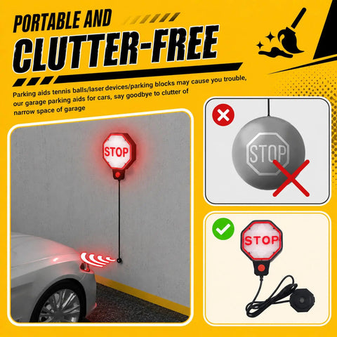 Precision LED Garage Parking Sensor With Adjustable Range And Bright Red Yellow Green Light Feedback For Dead Simple Car Stop And No Sweat Parking In Tight Spots showing wall-mounted STOP sign with car proximity.