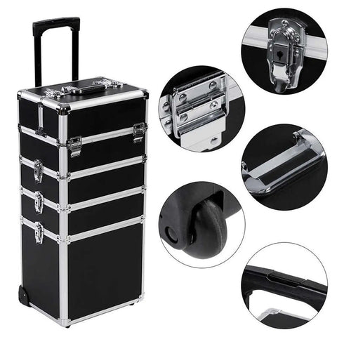 Portable Aluminum Frame 4 In 1 Tool Box On Wheels With Removable Carry Case, showing compartments, locking mechanism, and durable hinges.