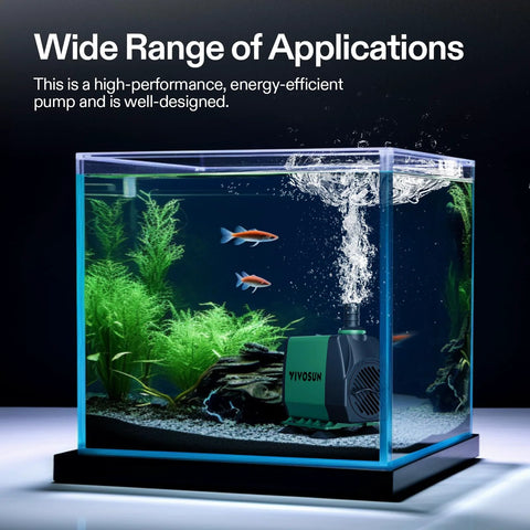 VIVOSUN submersible pump in an aquarium, green/black housing, 800GPH (3000L/H), 24W with 3 nozzle attachments