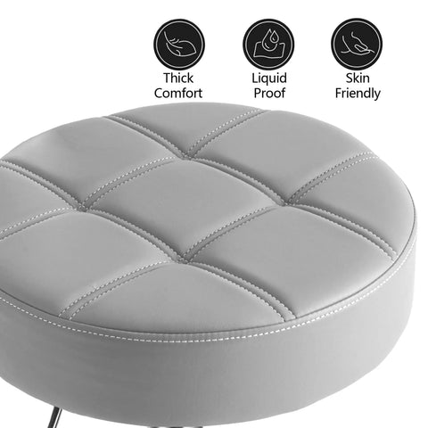 Grey cushioned seat of Lockable Rolling Stool With Quiet Rubber Wheels And Footrest, Adjustable Swivel Chair, features comfort icons