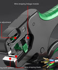 Close-up of Heavy Duty Automatic Wire Strippers Tool Self Adjusting Electric Cutter And Crimper showcasing tension adjustment and blade details.