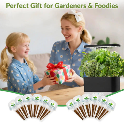 Indoor Hydroponics Seed Pods Kit With 12 Refill Pods And Six Salsa Seed Packets Featuring Basil Cherry Tomato Bell Pepper gift scene