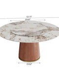 Built Different 53 Inch Round Dining Table Featuring Removable Lazy Susan Gold Ring Faux Marble Top with Solid Wood Bucket Pedestal.
