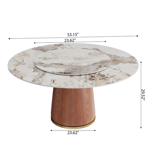 Built Different 53 Inch Round Dining Table Featuring Removable Lazy Susan Gold Ring Faux Marble Top with Solid Wood Bucket Pedestal.