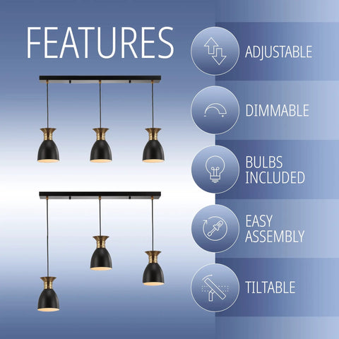 Black And Brass Gold Dope Modern Metal LED Pendant Light Fixture With Adjustable Hanging Design For Kitchen Island Or Bedside Slick Metal Shade LED Bulb Included For Quick Easy Install