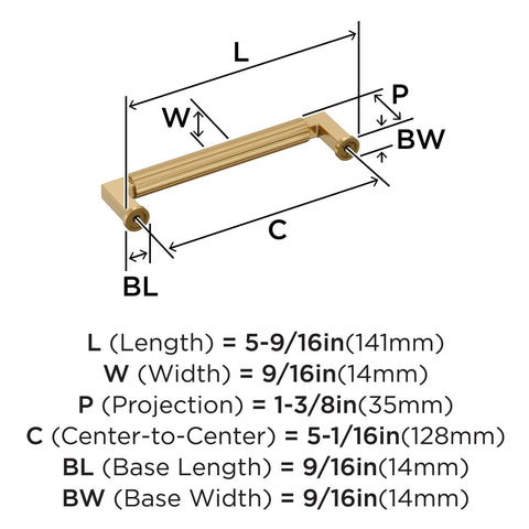 Dimensions diagram of Transitional Champagne Bronze Cabinet Pull, 5-1/16 Inch Center-To-Center, highlighting key measurements.
