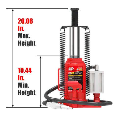 Big Red 20-Ton hydraulic bottle jack, red aluminum alloy construction, front view with pump handle and hose