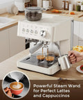 20 Bar Espresso Machine With Built-In Anti-Clog Grinder, Milk Frother And Tamping Tools For Latte Art, Barista-Grade Home Coffee Maker With Jam-Free Grinding And Turbo Chute For Mess-Free Shots shown in kitchen setting, steaming milk for cappuccinos.