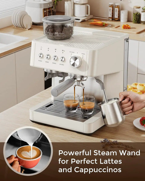20 Bar Espresso Machine With Built-In Anti-Clog Grinder, Milk Frother And Tamping Tools For Latte Art, Barista-Grade Home Coffee Maker With Jam-Free Grinding And Turbo Chute For Mess-Free Shots shown in kitchen setting, steaming milk for cappuccinos.