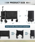 Collapsible Wagon Cart Foldable 150L Capacity And 360Lbs Load Portable Wagon with All Terrain Wheels And Brakes shown folded and open