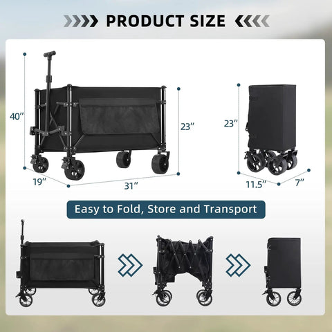Collapsible Wagon Cart Foldable 150L Capacity And 360Lbs Load Portable Wagon with All Terrain Wheels And Brakes shown folded and open