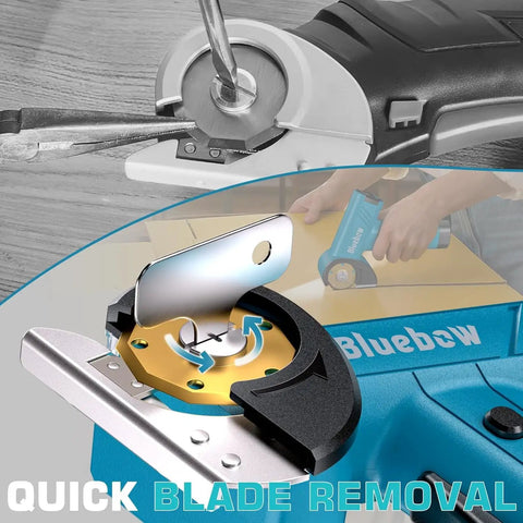 Bluebow Cordless Electric Scissors With Rechargeable Battery For Cutting Cardboard Box 1/4 Inch Thick showing quick blade removal feature.