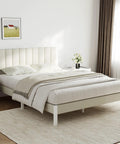 Heavy Duty Queen Bed Frame Rocking Piano Key Headboard And Reliable Metal Platform Base With Integrated Steel Slats For No Box Spring Needed Hassle Free Assembly Plus Crisp White Velvet Finish in modern bedroom setting.