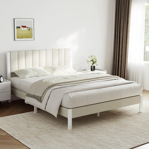 Heavy Duty Queen Bed Frame Rocking Piano Key Headboard And Reliable Metal Platform Base With Integrated Steel Slats For No Box Spring Needed Hassle Free Assembly Plus Crisp White Velvet Finish in modern bedroom setting.