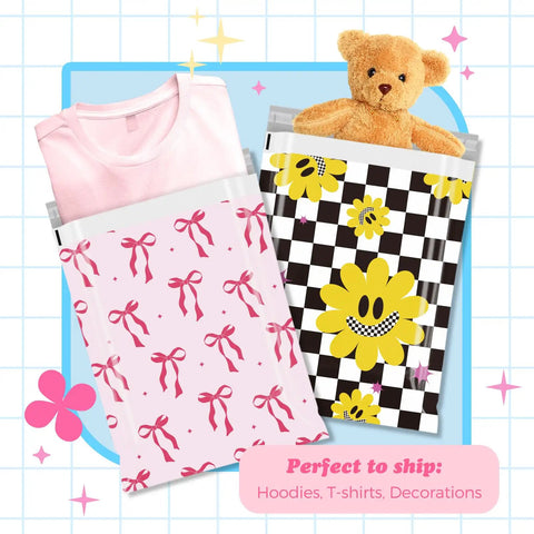10x13 Inch Poly Mailers 50 Pack Self Seal Shipping Bags For Clothes And Small Biz, Heavy Duty Adhesive, Durable Envelopes With Pink Bow Design For Secure, Lightweight Packaging; two mailers with bow and floral designs holding items including a bear toy.