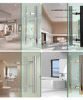 Stainless Steel Shower Door Handle And Push Pull Rail For Home And Commercial Use installed in modern bathroom and wardrobe settings